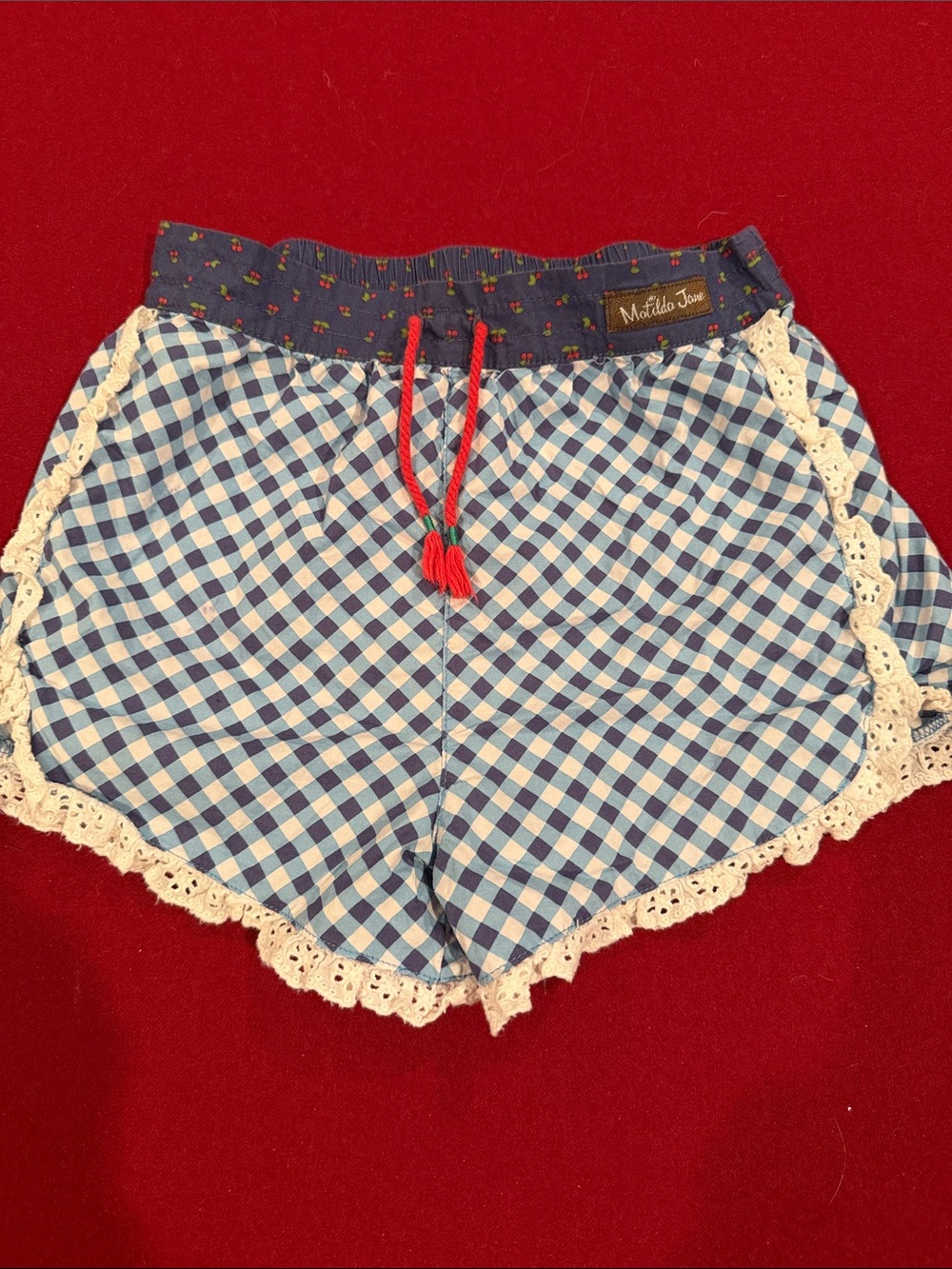 Matilda Jane Blue Gingham Shorts with Cream Lace & Red Drawstring